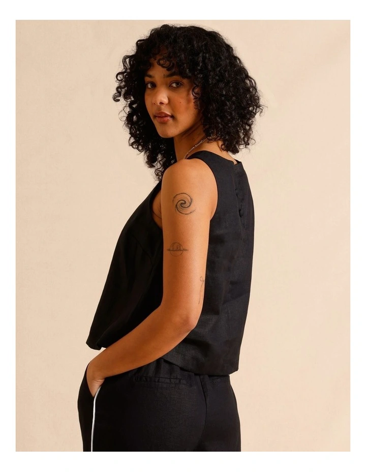 European Linen Square Neckline Top in Black image 3
