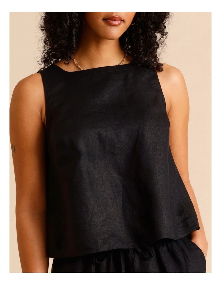 European Linen Square Neckline Top in Black image 4