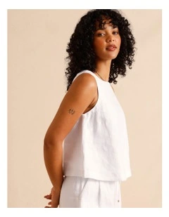 European Linen Square Neckline Top in White