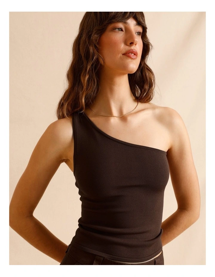 One Shoulder Knit Top in Chocolate image 3