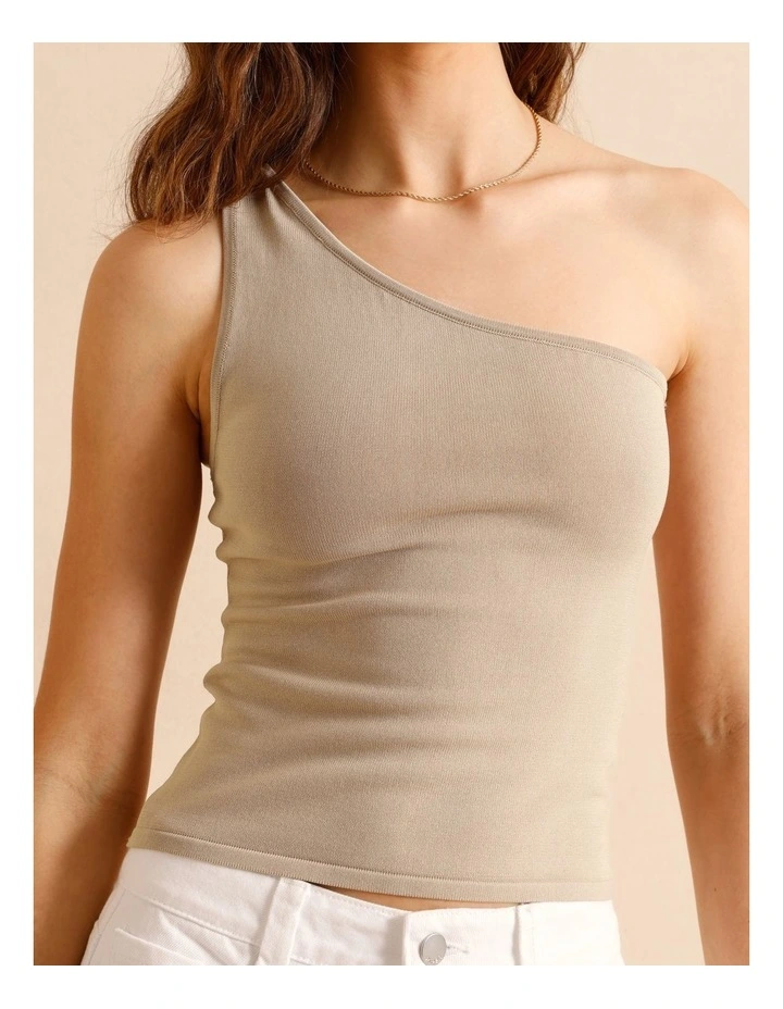 One Shoulder Knit Top in Oatmeal image 4