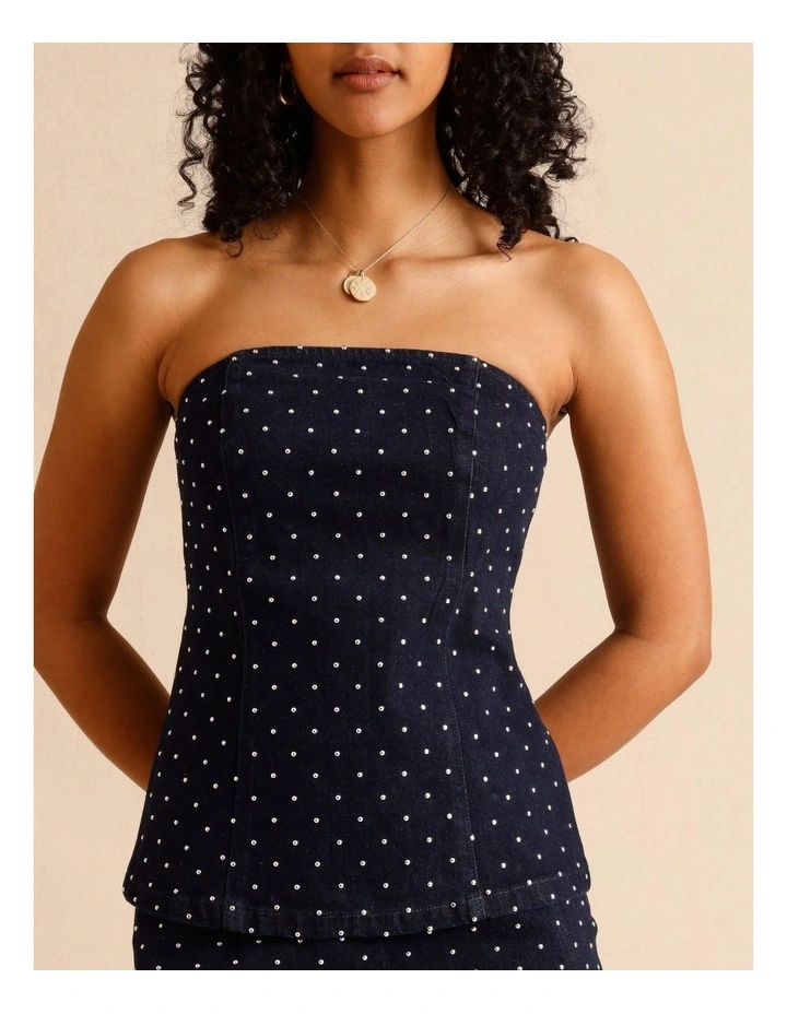 Recycled Cotton Blend Studded Denim Strapless Bustier in Indigo image 2