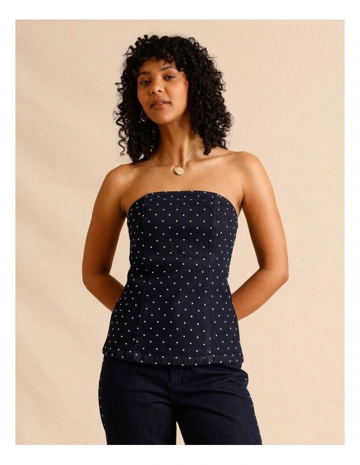 Recycled Cotton Blend Studded Denim Strapless Bustier in Indigo image 3