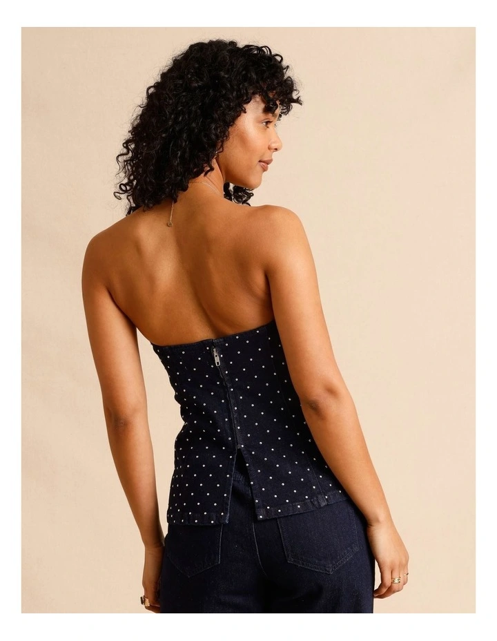 Recycled Cotton Blend Studded Denim Strapless Bustier in Indigo image 5