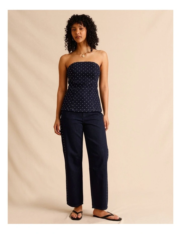 Recycled Cotton Blend Studded Denim Strapless Bustier in Indigo image 6