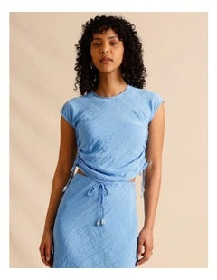 Recycled Polyester Blend Crinkle Side Woven Top in Blue