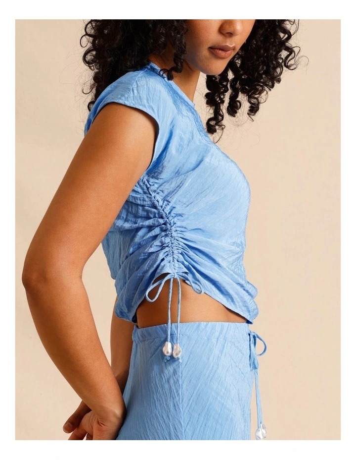 Recycled Polyester Blend Crinkle Side Woven Top in Blue image 2