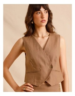 European Linen Asymmetrical Button Vest in Light Brown