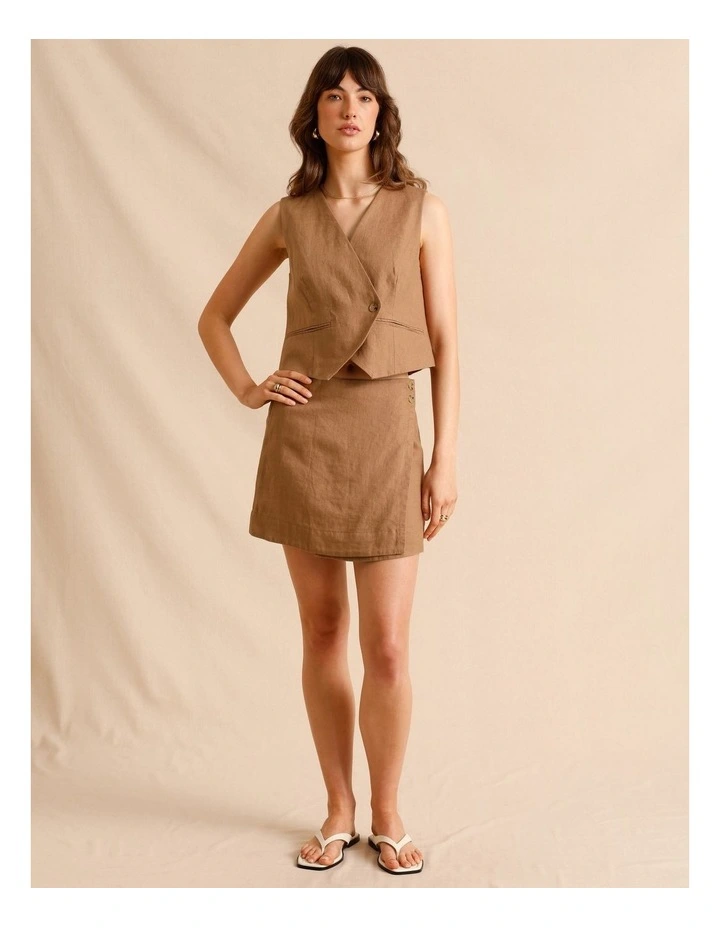 European Linen Asymmetrical Button Vest in Light Brown image 2
