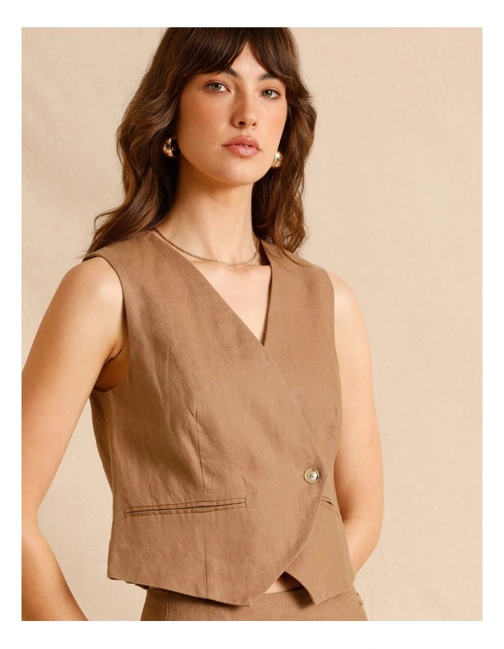 European Linen Asymmetrical Button Vest in Light Brown image 3