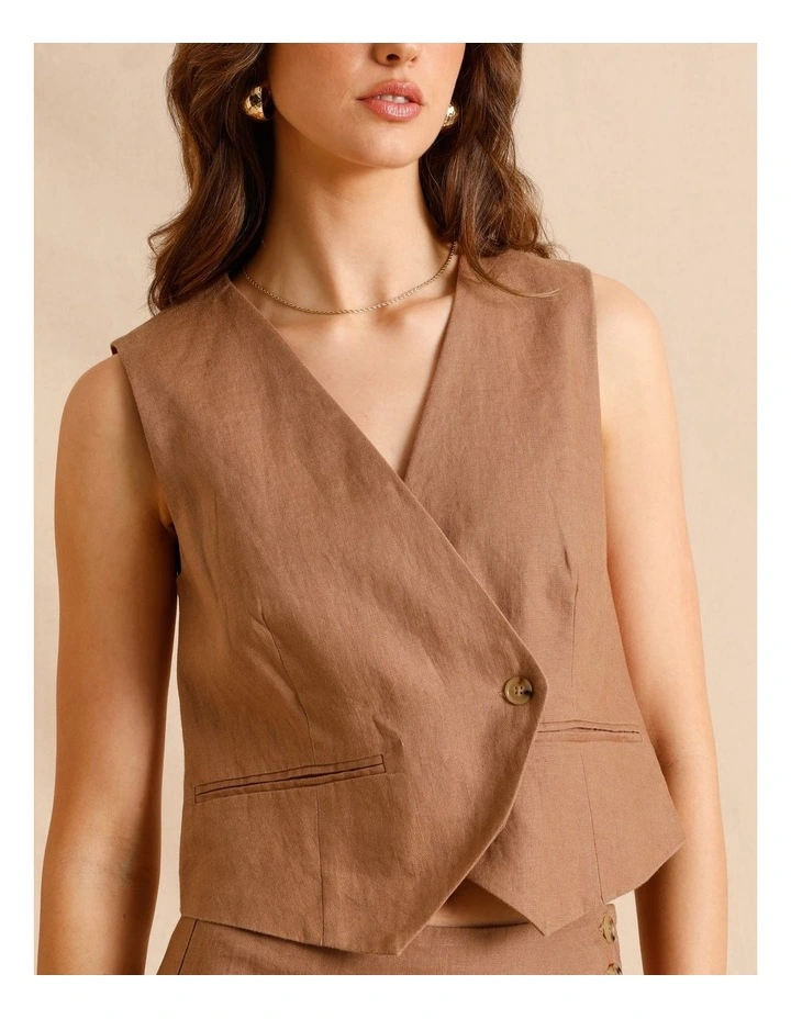 European Linen Asymmetrical Button Vest in Light Brown image 4