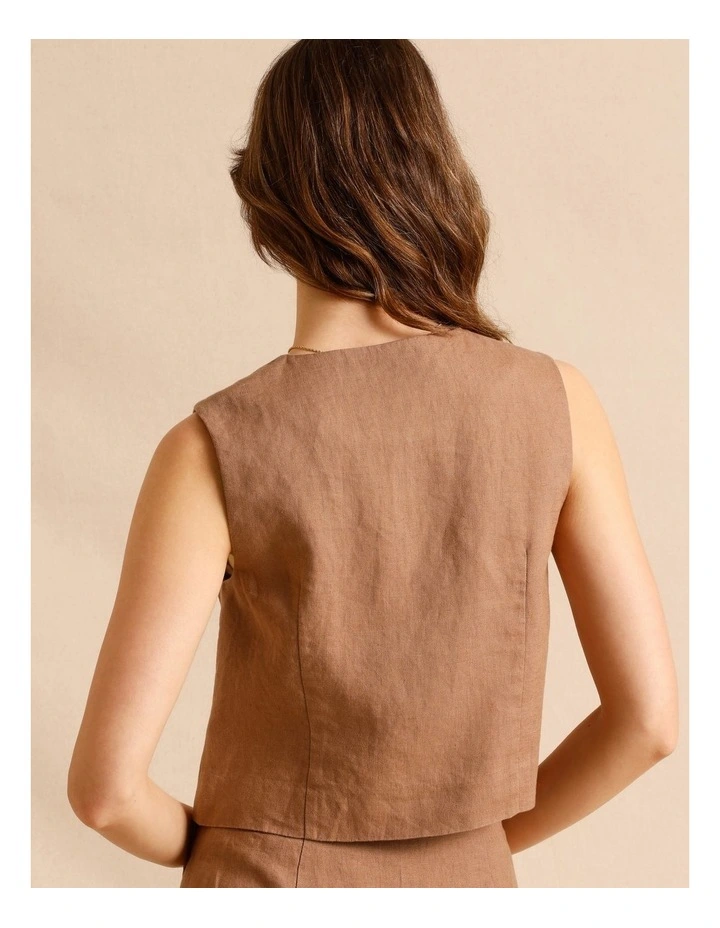 European Linen Asymmetrical Button Vest in Light Brown image 5