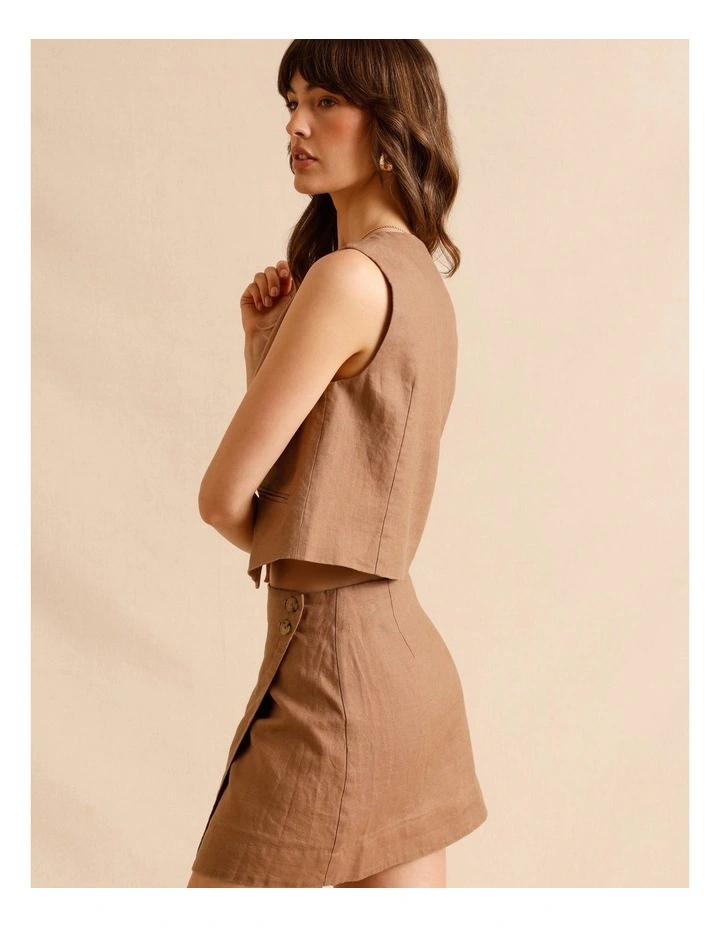 European Linen Asymmetrical Button Vest in Light Brown image 6