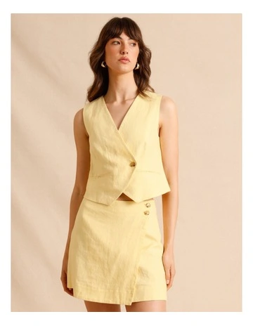 European Linen Asymmetrical Button Vest in Lemon