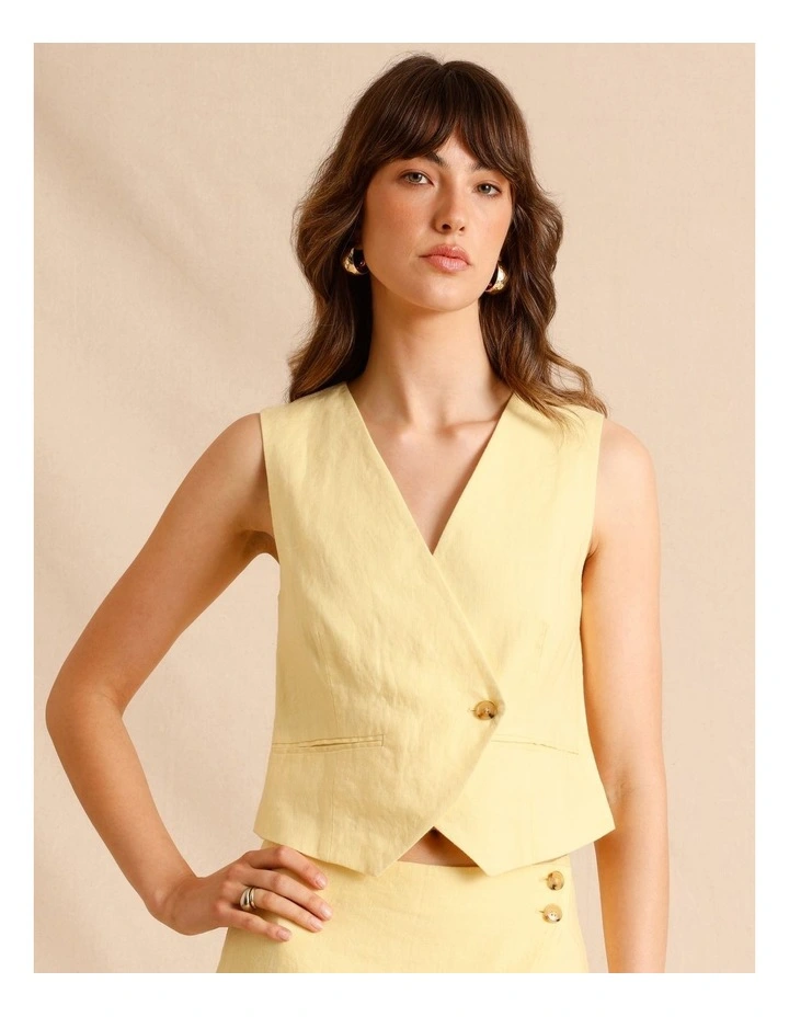 European Linen Asymmetrical Button Vest in Lemon image 2