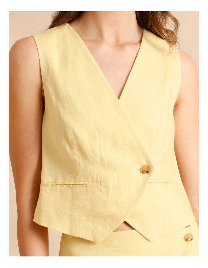 European Linen Asymmetrical Button Vest in Lemon image 4