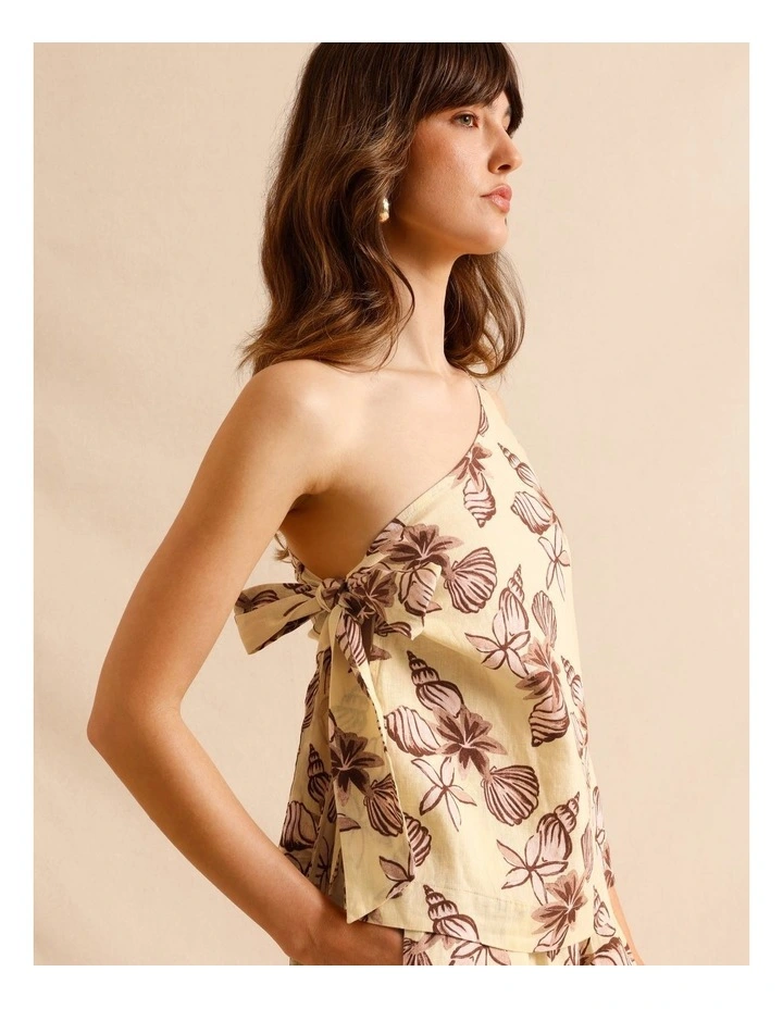 European Linen Tie Side One Shoulder Top in Assorted image 2