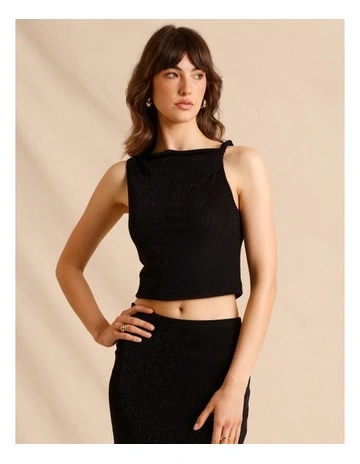 Off the Shoulder Twist Lurex Top in Black