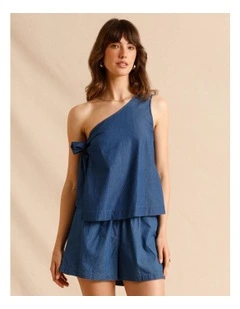 Chambray Tie Side One Shoulder Top in Blue