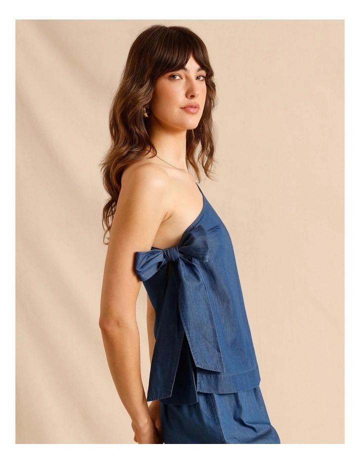 Chambray Tie Side One Shoulder Top in Blue image 2