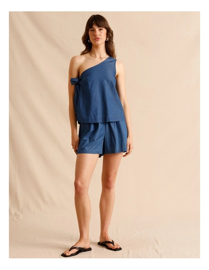 Chambray Tie Side One Shoulder Top in Blue image 3
