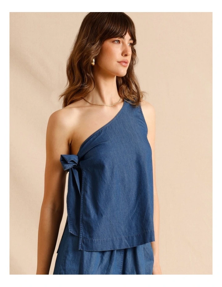 Chambray Tie Side One Shoulder Top in Blue image 4