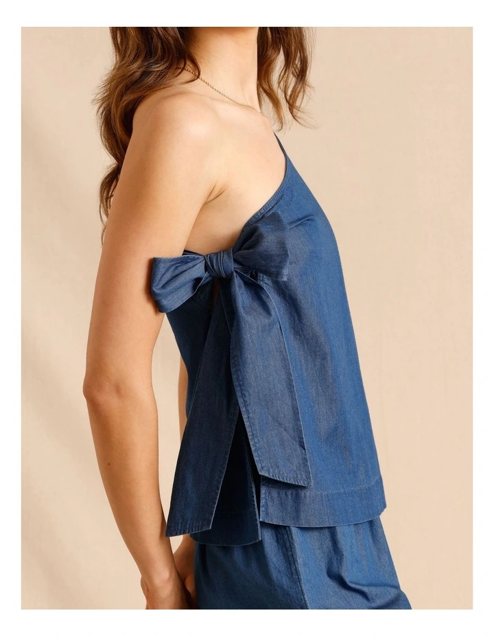 Chambray Tie Side One Shoulder Top in Blue image 5