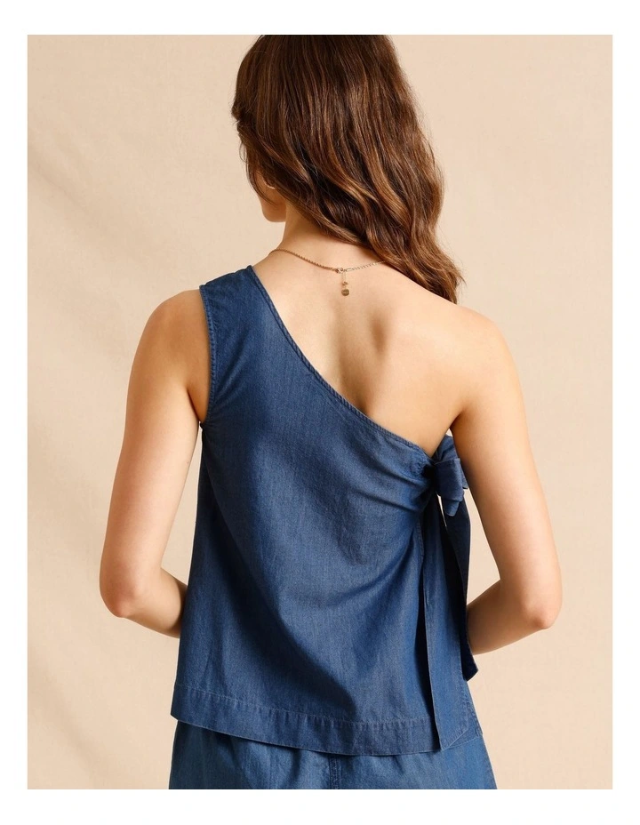 Chambray Tie Side One Shoulder Top in Blue image 6
