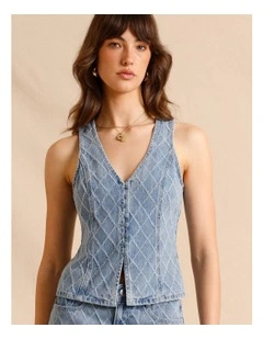 Textured Denim Button Front Vest in Light Blue