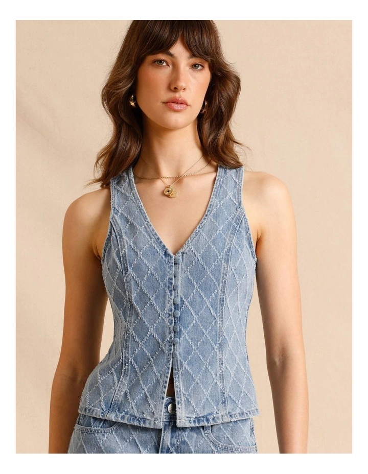 Textured Denim Button Front Vest in Light Blue image 1
