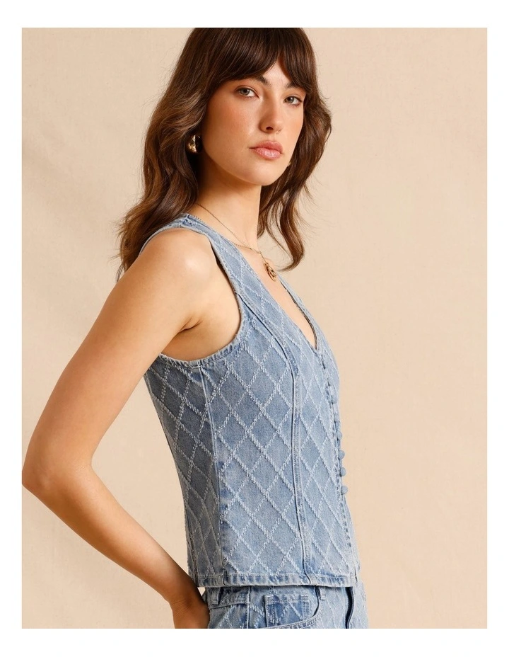 Textured Denim Button Front Vest in Light Blue image 3
