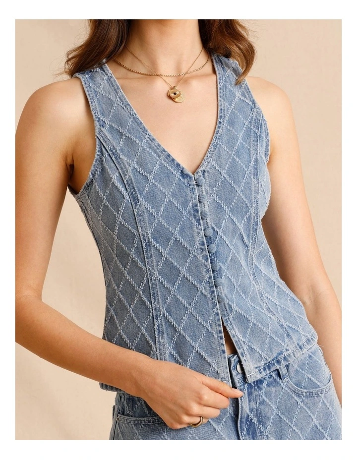 Textured Denim Button Front Vest in Light Blue image 4