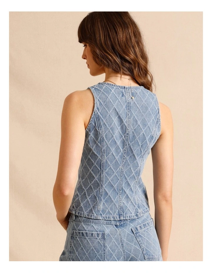 Textured Denim Button Front Vest in Light Blue image 5