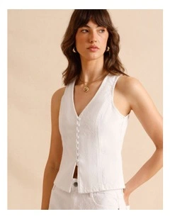 Textured Denim Button Front Vest in White