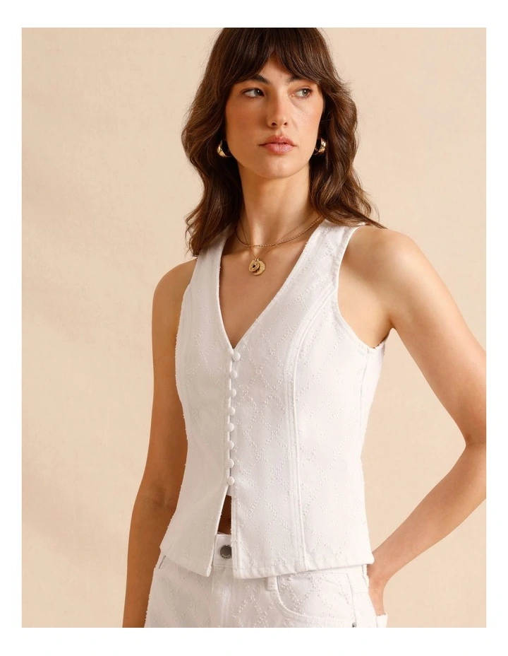 Textured Denim Button Front Vest in White image 1