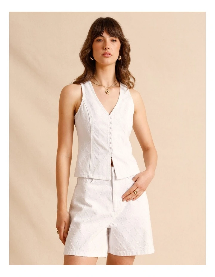 Textured Denim Button Front Vest in White image 2