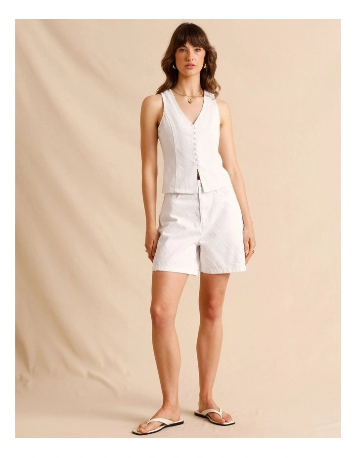Textured Denim Button Front Vest in White image 3