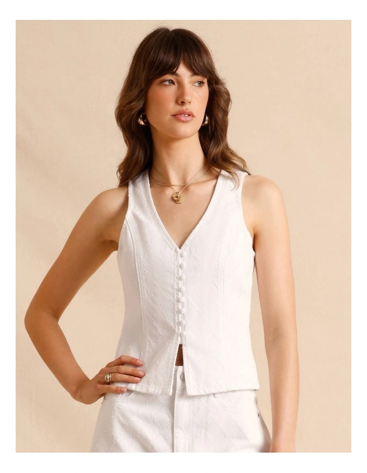 Textured Denim Button Front Vest in White image 5