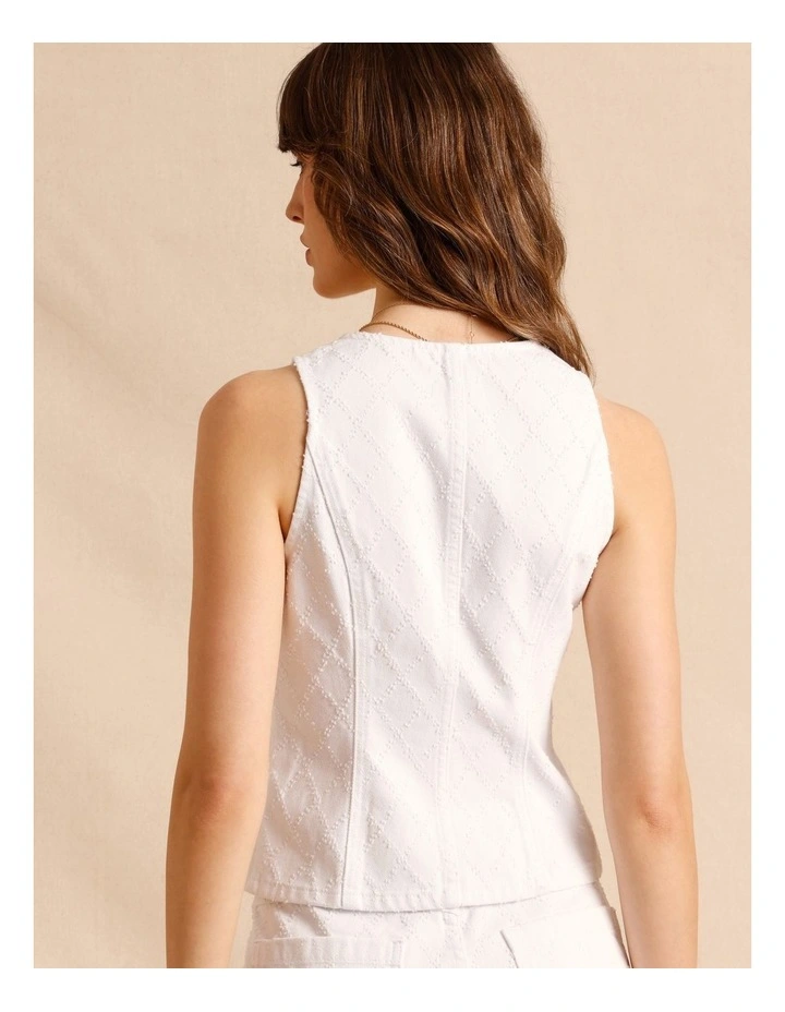 Textured Denim Button Front Vest in White image 6