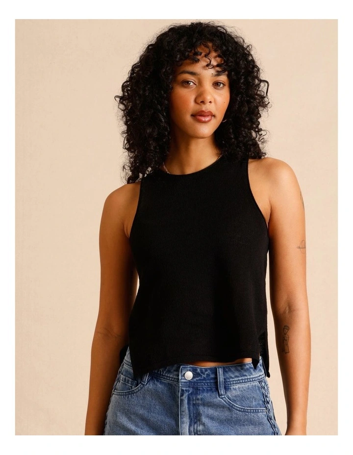 Linen Blend Knit Tank in Black image 1