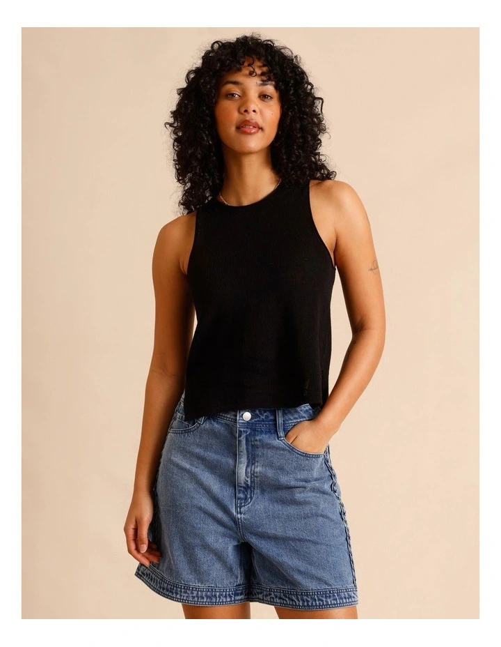 Linen Blend Knit Tank in Black image 2