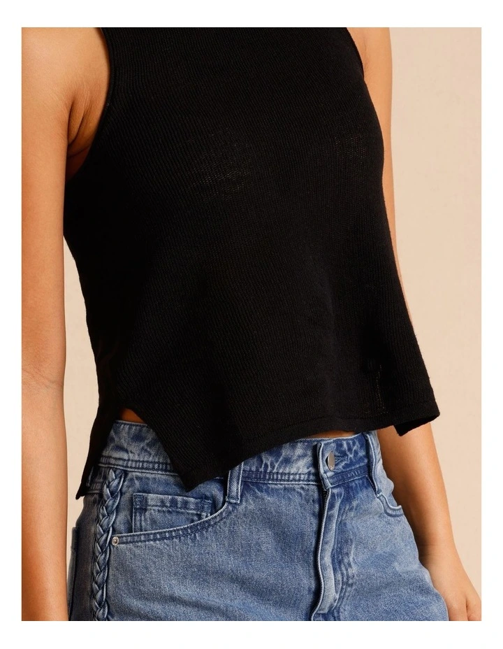 Linen Blend Knit Tank in Black image 5