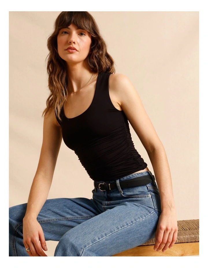 Tencel Blend Gathered Side Scoop Neck Tank in Black image 1