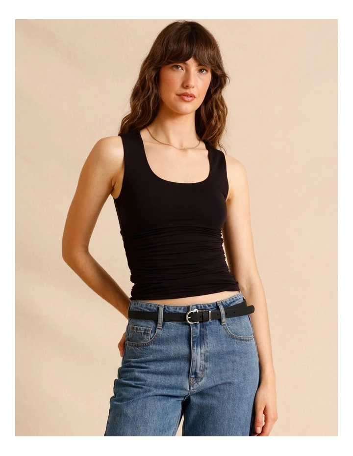 Tencel Blend Gathered Side Scoop Neck Tank in Black image 2