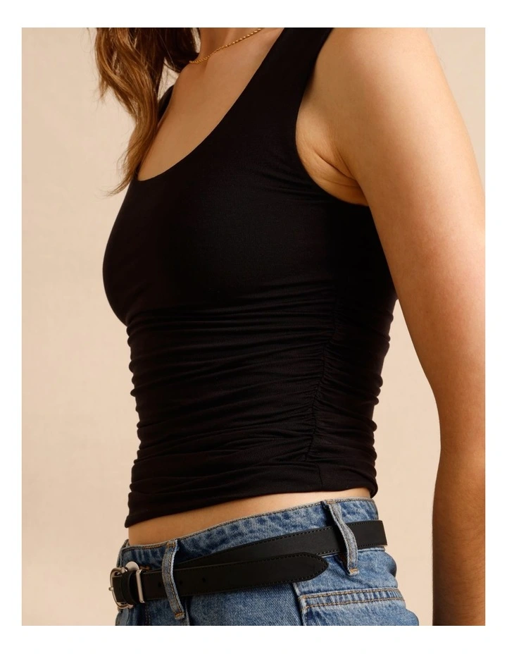 Tencel Blend Gathered Side Scoop Neck Tank in Black image 4