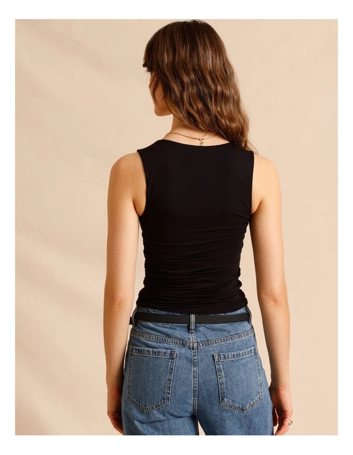 Tencel Blend Gathered Side Scoop Neck Tank in Black image 6