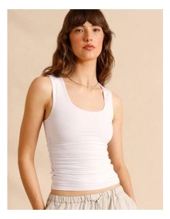 Tencel Blend Gathered Side Scoop Neck Tank in White