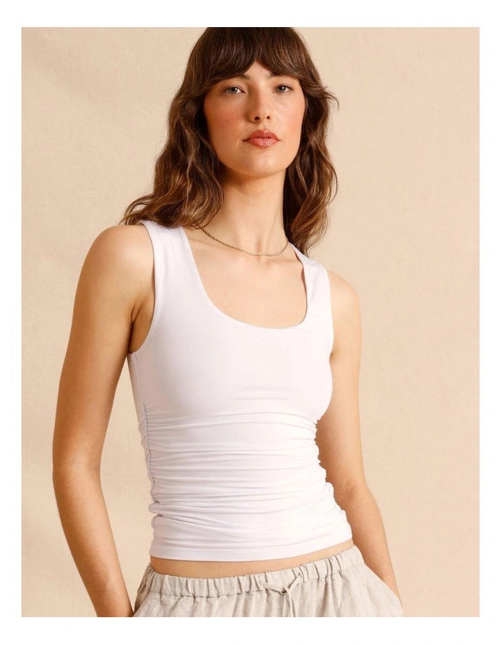 Tencel Blend Gathered Side Scoop Neck Tank in White image 1