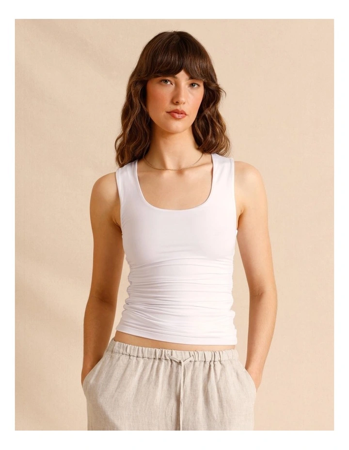 Tencel Blend Gathered Side Scoop Neck Tank in White image 3