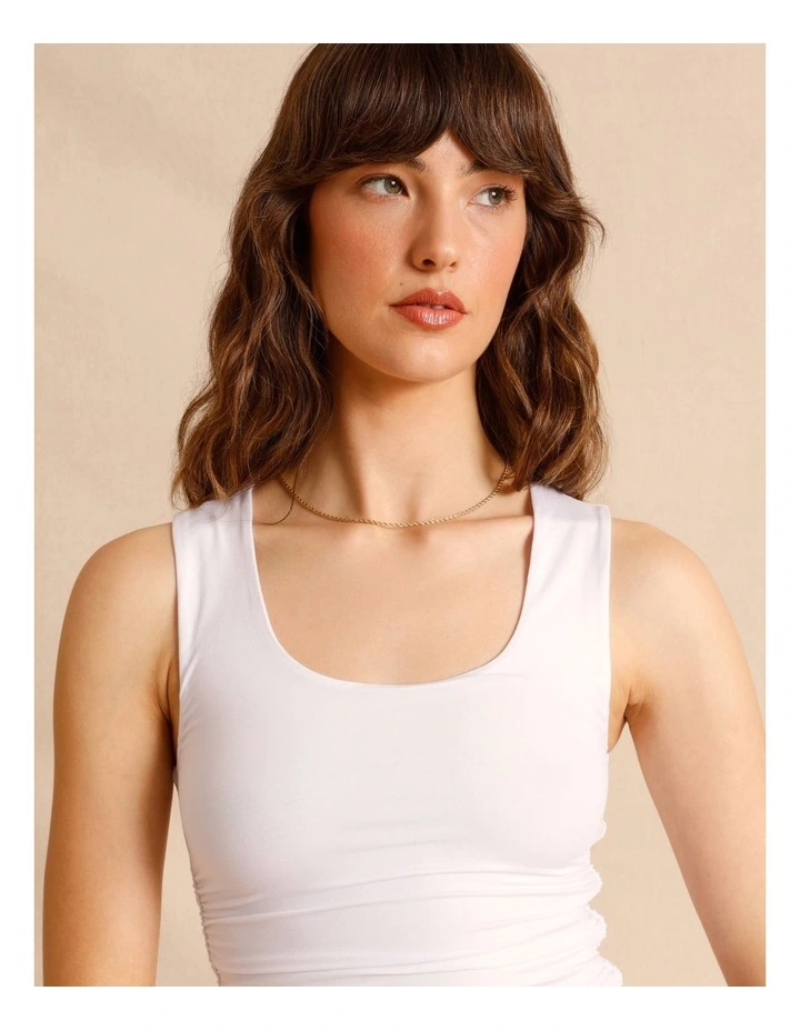 Tencel Blend Gathered Side Scoop Neck Tank in White image 4